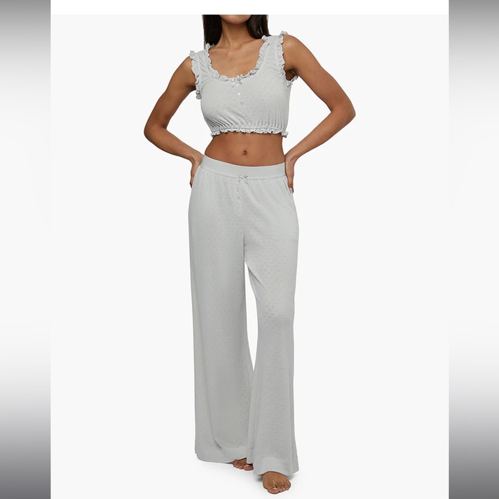 Weworewhat Gray Pointelle Pajama Pants and Ruffle Top Set